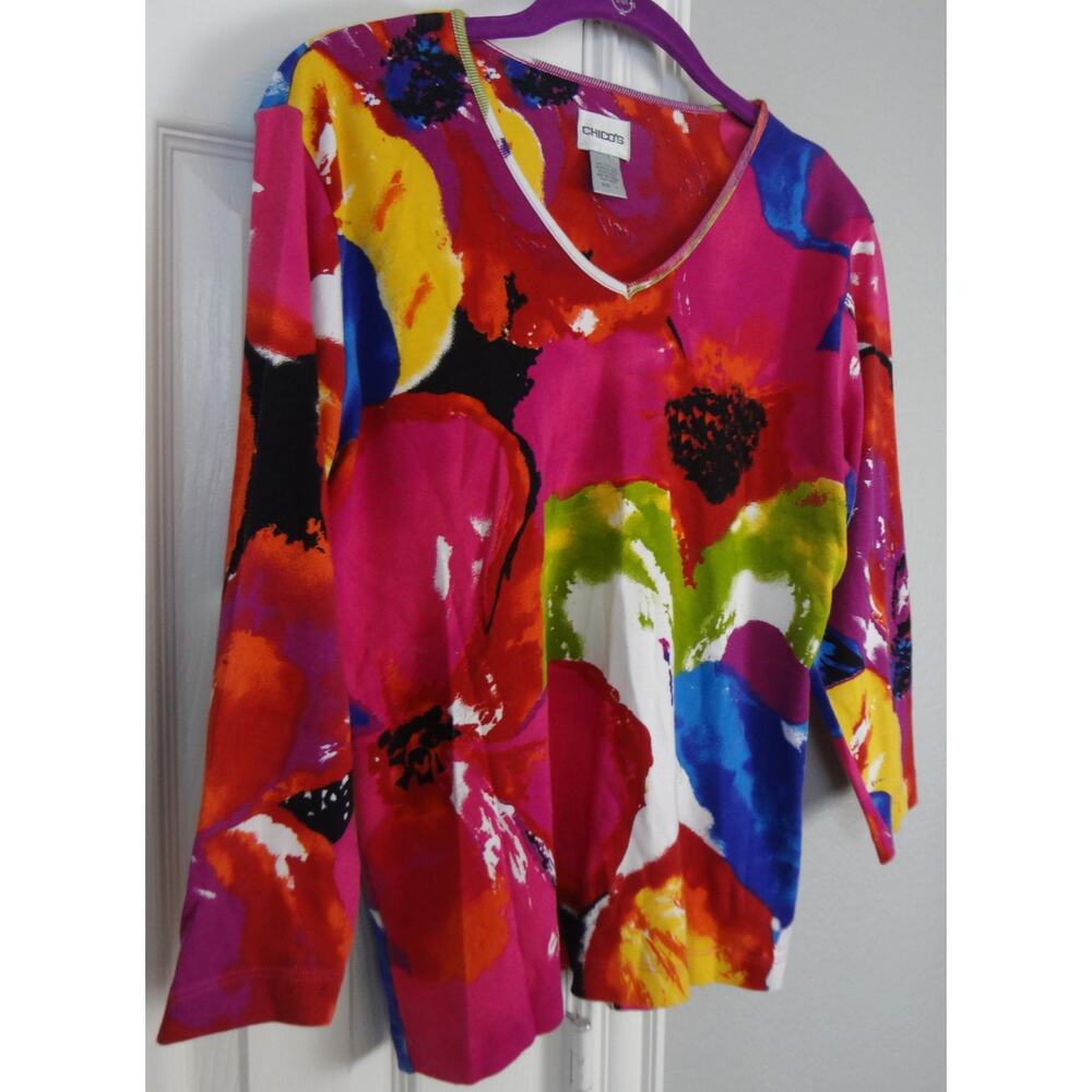 Vintage 90s Y2K Chicos 1 Floral Top 3/4 Sleeve COTTON Medium Pink Whimsical - Picture 3 of 6